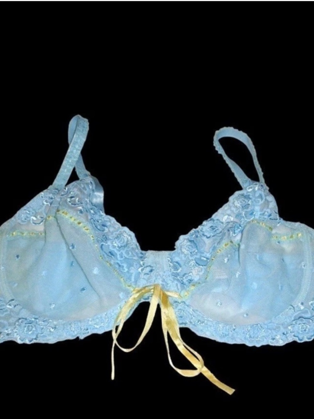 Vintage Light Blue Lace Embroidered Bra with Yellow Ribbon